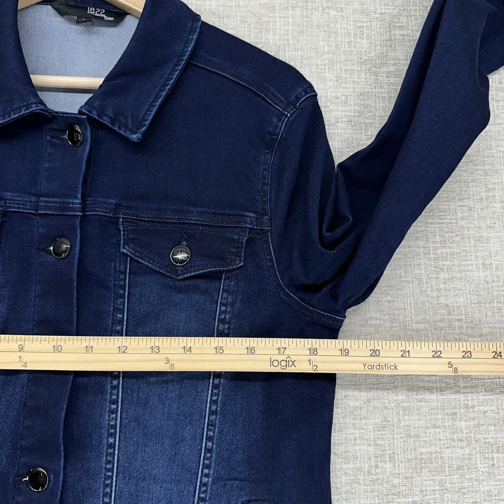 1822 Denim Jacket Womens Large Blue Stretch Denim Button Front Basic Long Sleeve - Picture 10 of 12